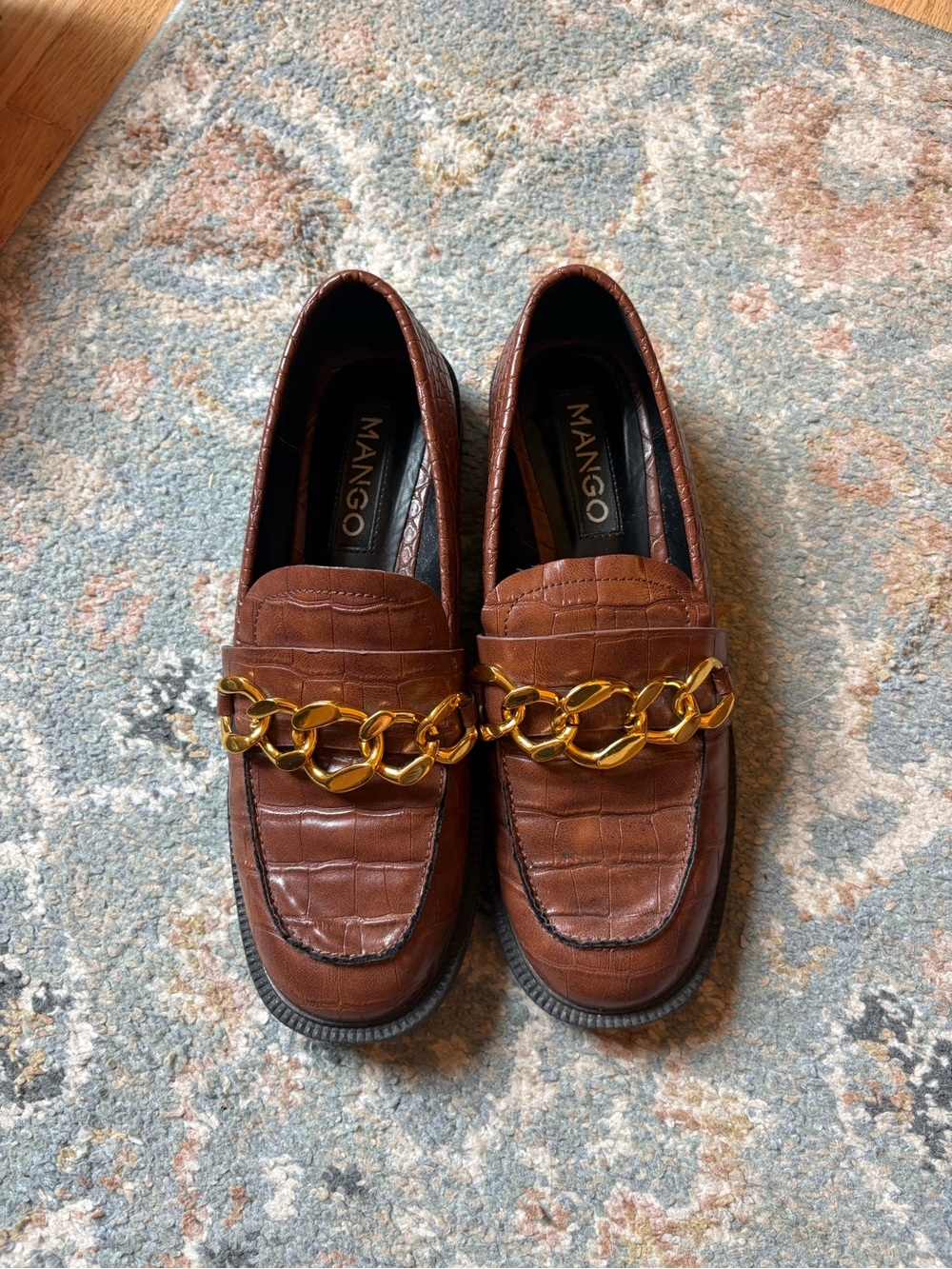 Mango Brown Croc-Texture Loafers with Gold Chain